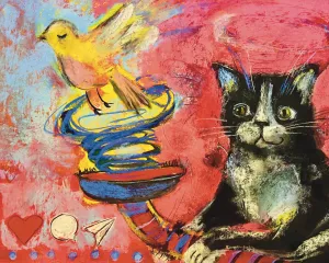 Unbearable closeness, Playful Cat and Bird Pastel Drawing, Whimsical Art for Cat Lovers