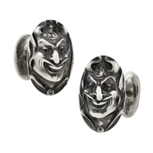 UNGER BROS. Art Nouveau Sterling Repousse Devil Face Figural Cufflinks