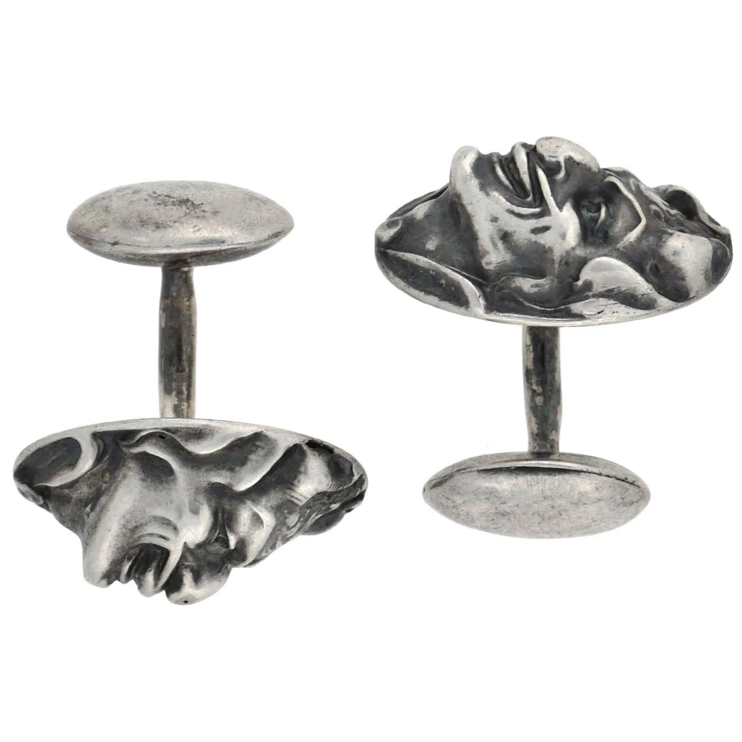 UNGER BROS. Art Nouveau Sterling Repousse Devil Face Figural Cufflinks