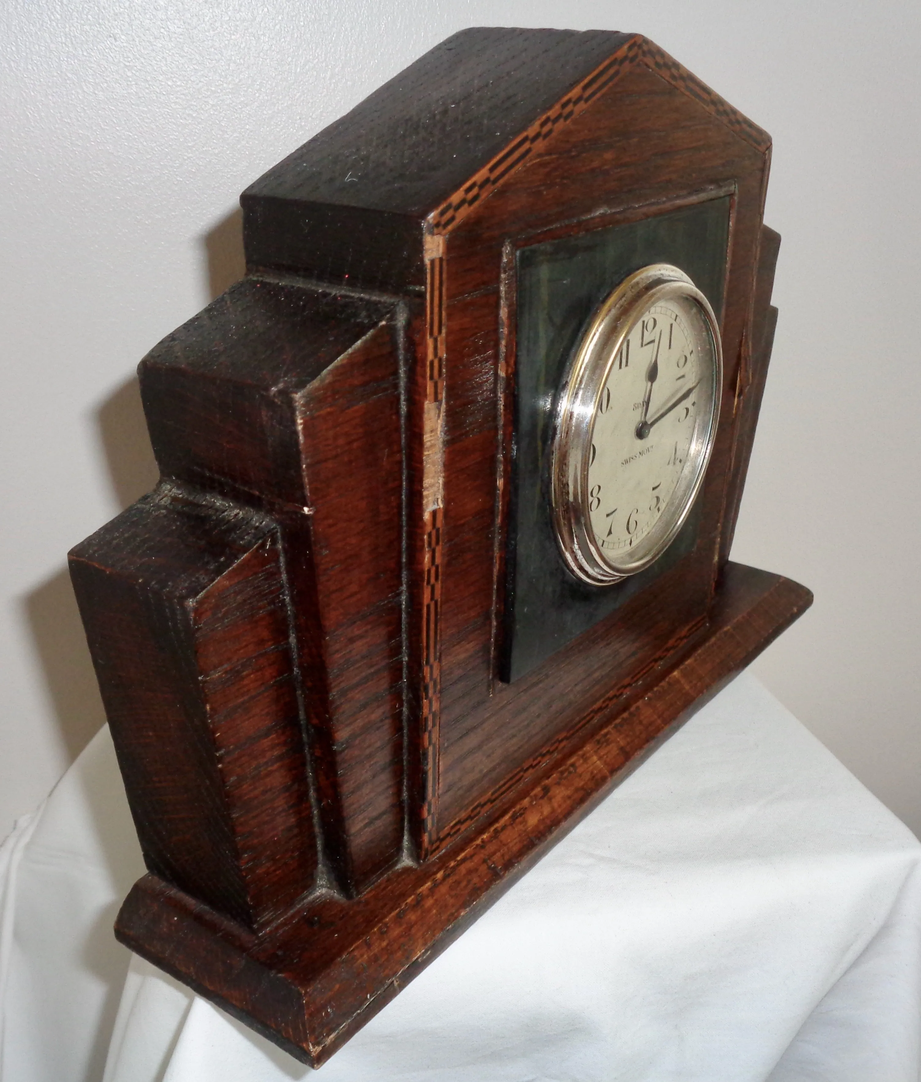 Vintage Art Deco Wood Mounted Rands 8 Day Swiss Mantelpiece Clock